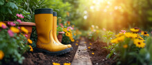 Gardening Background With Flowerpots, Yellow Boots In Sunny Spring Or Summer Garden --ar 21:9 --stylize 750 --v 6 Job ID: De41a8b6-e505-42d4-8ff9-2bd1bccbf45b