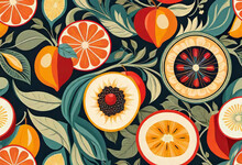 Abstract Patterns And Ornament With Fruits, Vintage Modern Style Vector Illustration, Seamless Illustration With Abstract Fruit Shapes, Fresh Organic Background Print Concept. Geometric Collage,