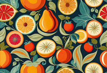 Abstract patterns and ornament with fruits, vintage modern style vector illustration, seamless illustration with abstract fruit shapes, Fresh organic background print concept. geometric collage,