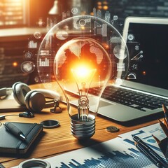 A bright light bulb on work table. Concept of a startup that drives the economy, finance, banking