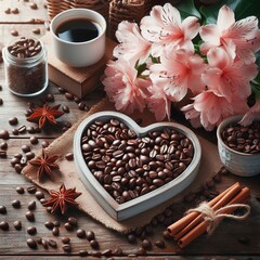 Wall Mural - A heart of coffee beans on the table and flowers