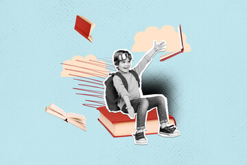 Poster - Creative collage picture illustration monochrome effect excited happy joyful young boy fly high deam read book bird cloud blue background