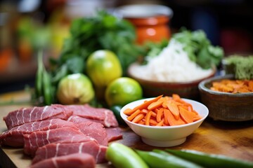 Poster - fresh vegetables beside tantuni meat on preparation table