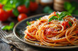 classic italian spaghetti pasta with tomato sauce, parmesan cheese, spices and basil on plate, dark table, selective focus