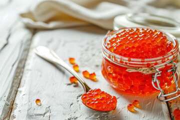 Wall Mural - delicious red caviar in spoon from jar on white old wooden table, selective focus