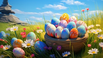 Colorful Easter eggs nestled among spring flowers under a clear blue sky.