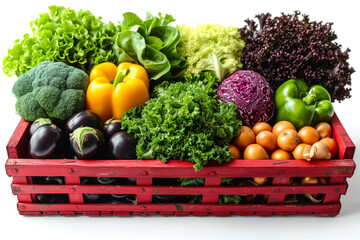 Wall Mural - different fresh vegetables for eating healthy in red wooden crate isolated on white background