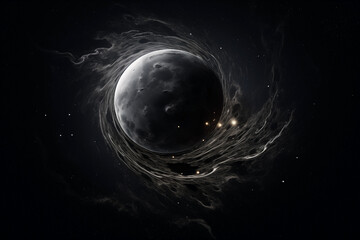 Wall Mural - planet black spherical spiral fictional abstract in dark space with dots of stars, flashes