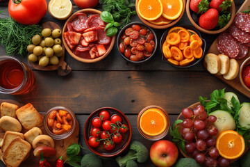  Spanish tapas and sangria, vegetables and fruits, on wooden table, top view