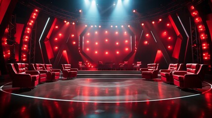 Wall Mural - Stylish red chairs in a modern television studio setting.