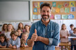 Male Teacher in front of his class showing thumb up, ok sign, ps edit