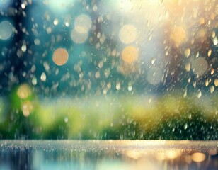 Blurred background with rain drops on glass window surface. Golden glittering bokeh light. 