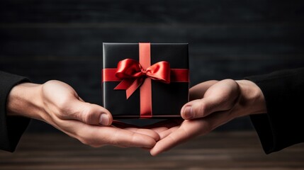 Delicate hands holds gift box, elegant black wooden table in background