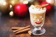 closeup of a gingerbread latte sip, lips with red festive lipstick