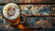 A cheerful mug of beer with smiley face on the foam, on a rustic wooden table background with space for text, perfect for social gatherings and beer festivals promotions