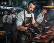 Portrait of a brutal chef in a leather tunic in the kitchen of a restaurant with dishes cooked over an open fire. In the background the team.