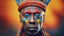 Indigenous African Elder Wearing Tribal Warrior Attire And Embellishments, Staring Directly At Viewer. AI Algorithm For Creativity.
