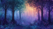 Mystical Forest At Dusk Gradient With Deep Purples, Blues, And Greens, Featuring A Grainy Texture For An Enchanted Woodland-themed Event