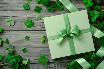 St Patrick's day sale design template. Green gift box with clover leaves on wooden background. Realistic holiday elements.