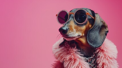 Wall Mural - Fashionable dachshund dog in pink fur coat and sunglasses on pink background.