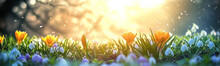 Panoramic View Of The Lawn In Forest With Blooming Snowdrops And Crocuses In Spring. Wallpaper, Banner, Card Concept.