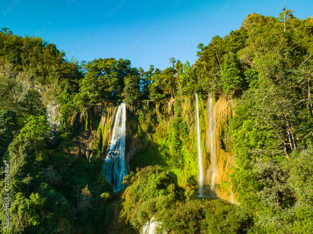Sus Waterfall Aerial View Numerous waterfalls flow from wide, steep cliffs. .Thi Lor ...