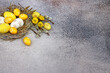Osterhintergrund: Nest mit weißen und gelben Ostereiern mit Kopierraum.