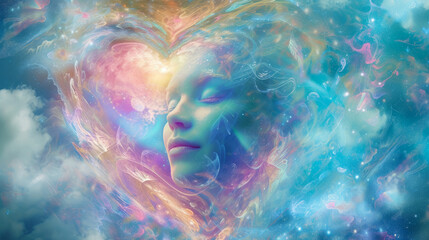 Wall Mural - Woman face, in pastel colored cosmos, sky. Heart in blue, pink and gold connecting her to universe, higher self, meditation, self love, esoteric. Spirituality awareness. Concept. Magic of perception.