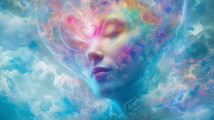 Wall Mural - Woman face, in pastel colored cosmos, sky. Heart in blue, pink and gold connecting her to universe, higher self, meditation, self love, esoteric. Spirituality awareness. Concept. Magic of perception.