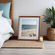 Mock up frame in cozy home interior background, coastal style bedroom wooden floor