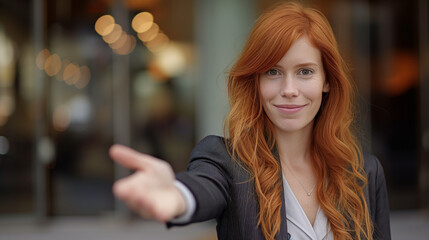 Wall Mural - A redhead woman in a suit extends her hand for a handshake. The message is «You're hired at the company» or «I'm pleased to welcome you to our firm».