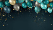 birthday party balloons, Celebration background with gold confetti and golden and white, green, silver  balloons. Banner