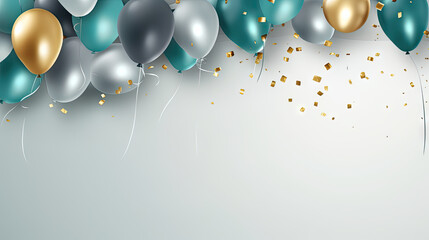 Wall Mural - birthday party balloons, Celebration background with gold confetti and golden and white, green, silver  balloons. Banner