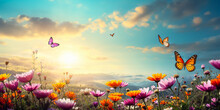 Vibrant Butterflies Of Various Colors Fluttering Above A Field Of Colorful Wildflowers Under A Sunny Sky With Soft Clouds, Symbolizing Spring And The Beauty Of Nature