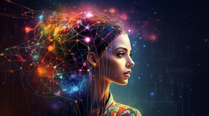 beautiful woman with glowing connections around brain