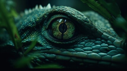 close-up portrait shoot in green jungle of an expressive green iguana or lizard