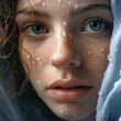 High realism portrait of a woman with the orbit eyes plenty of tears , gaze to right, closed lips that convey in a intensity expression In style of ethereal portraiture 8k resolution