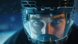 Fototapeta Panele - Close-up of an ice hockey player's face with a helmet, waiting for a return to play