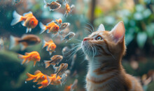 Little Cat Looks At Fish, And Fish Looks Back. Natural Surprise. Meeting With Unexpected Symbol.