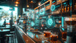 © MadSwordfish - Cinematic photograph of bar filled with energy-filled data visualization. selective focus icons. AI. Smart spaces.
