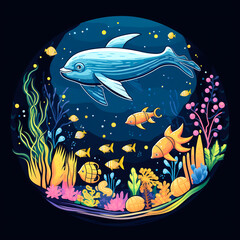 Poster - Whimsical underwater scene with friendly cartoons- for t-shirt print