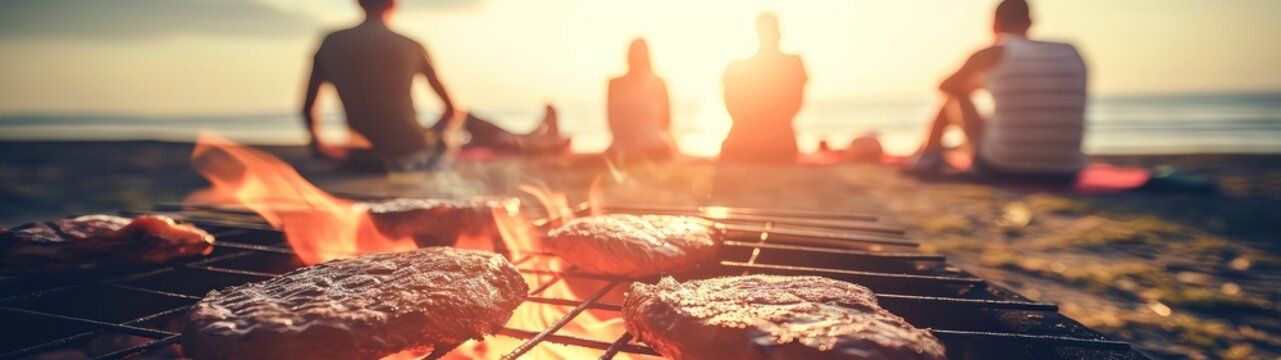 Barbecue with delicious grilled meat outdoors, close-up