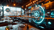 Cinematic photograph of restaurant filled with energy-filled data visualization. selective focus icons. AI. Smart spaces.