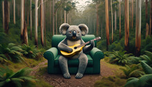Koala Playing Guitar On A Sofa In A Serene Forest