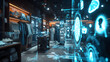 Cinematic photograph of retail clothing shop filled with energy-filled data visualization. selective focus icons. AI. Smart spaces.