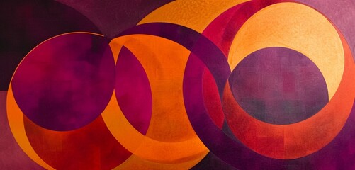 Wall Mural - Interlocking circles and arcs in sunrise orange and deep plum.
