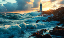 Dramatic Scene Of A Lighthouse Standing Resilient Against Tumultuous Sea Waves Under A Stormy Sky At Sunset, Symbolizing Guidance And Safety