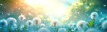 Field With Fluffy White Dandelions In Natural Park. Abstract Panoramic Background.