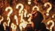 Person surrounded by glowing question marks in a warm, amber ambiance