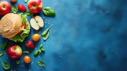 Wall Mural - Healthy burger with fresh ingredients on a blue background